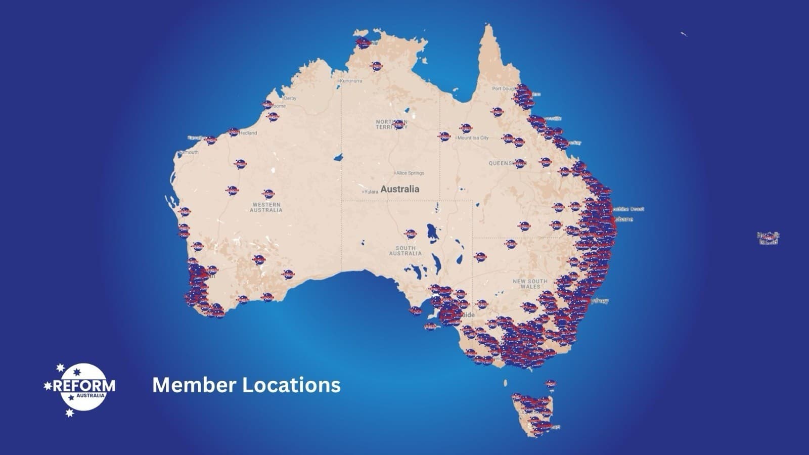 Australia map showing Reform Australia member locations